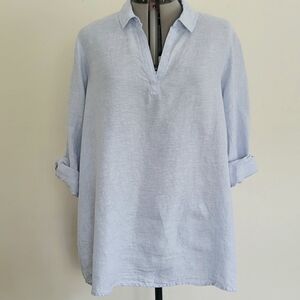 Tahari 100% Linen Tunic Top Sky Blue Back Buttons Size 2X XXL Roll Tab Sleeves